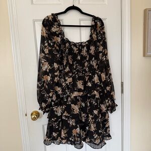 ARULA Plus Size Black and Tan Floral Long-sleeve Mini Dress